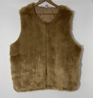 Women’s 3x Camel Faux Fur Vest Sleeveless Open Front Soft Plush Winter Coat